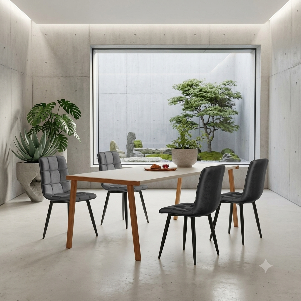 Set di 4 sedie da sala da pranzo coordinate, con rivestimento in velluto e gambe in metallo, schienale decorativo e cuciture a vista.