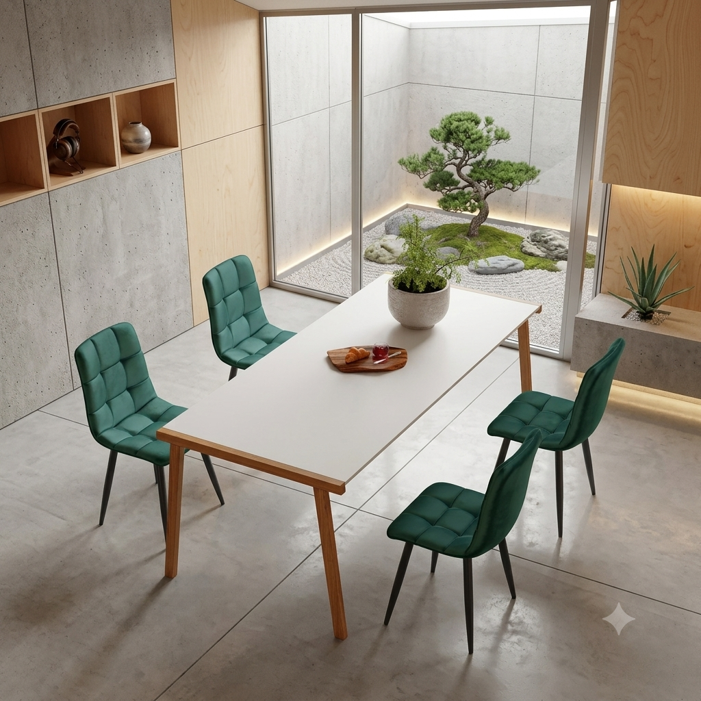 Set di 4 sedie da sala da pranzo coordinate, con rivestimento in velluto e gambe in metallo, schienale decorativo e cuciture a vista.