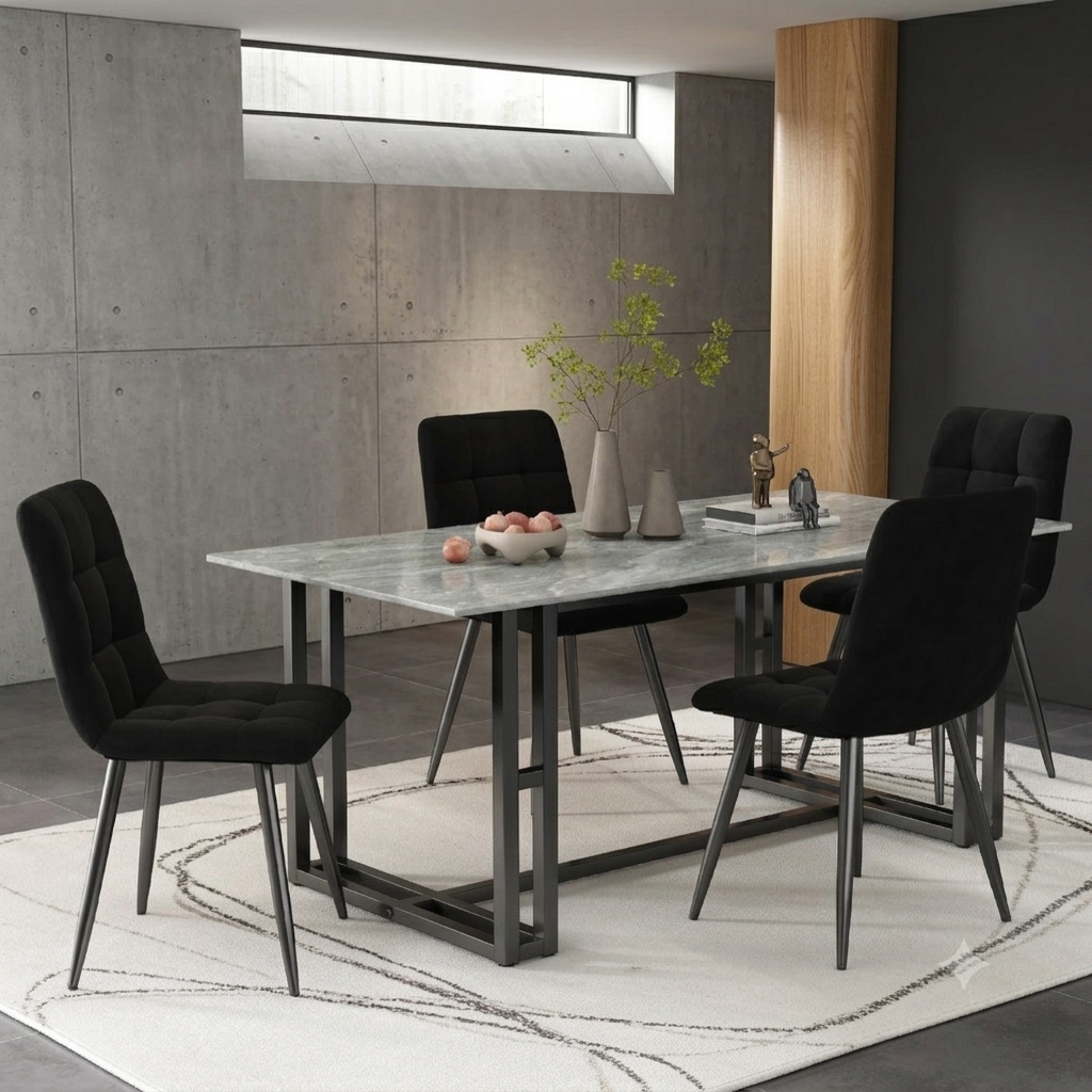 Set di 4 sedie da sala da pranzo coordinate, con rivestimento in velluto e gambe in metallo, schienale decorativo e cuciture a vista.