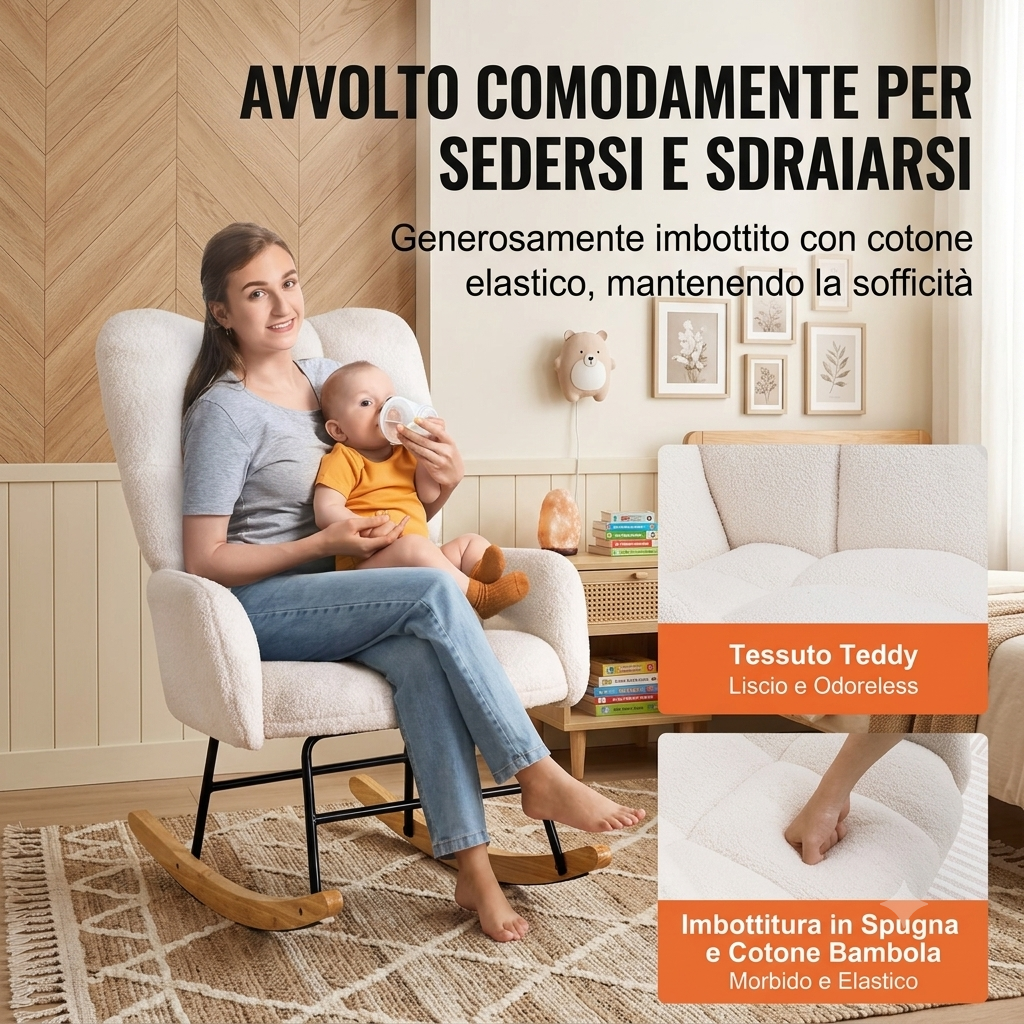 Sedia a Dondolo per Cameretta, Portata 113,4 kg, Rivestita in Tessuto Teddy con Seduta Morbida e Schienale Alto, bianco avorio