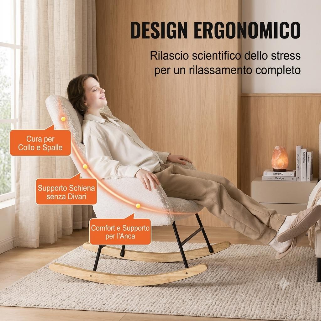 Sedia a Dondolo per Cameretta, Portata 113,4 kg, Rivestita in Tessuto Teddy con Seduta Morbida e Schienale Alto, bianco avorio