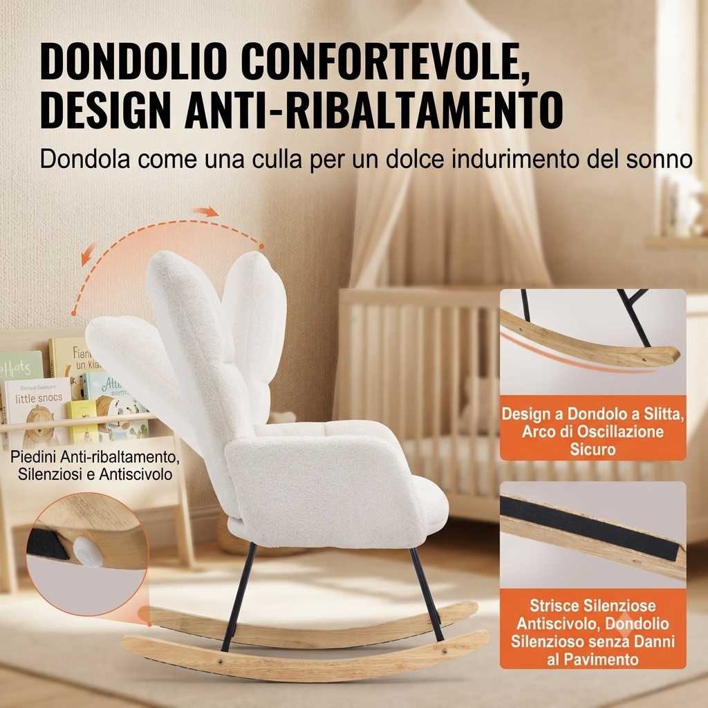 Sedia a Dondolo per Cameretta, Portata 113,4 kg, Rivestita in Tessuto Teddy con Seduta Morbida e Schienale Alto, bianco avorio