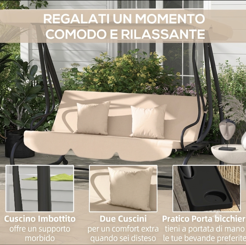 Altalena dondolante da Giardino Autoportante, Tettuccio Regolabile, Seduta Imbottita e Cuscini