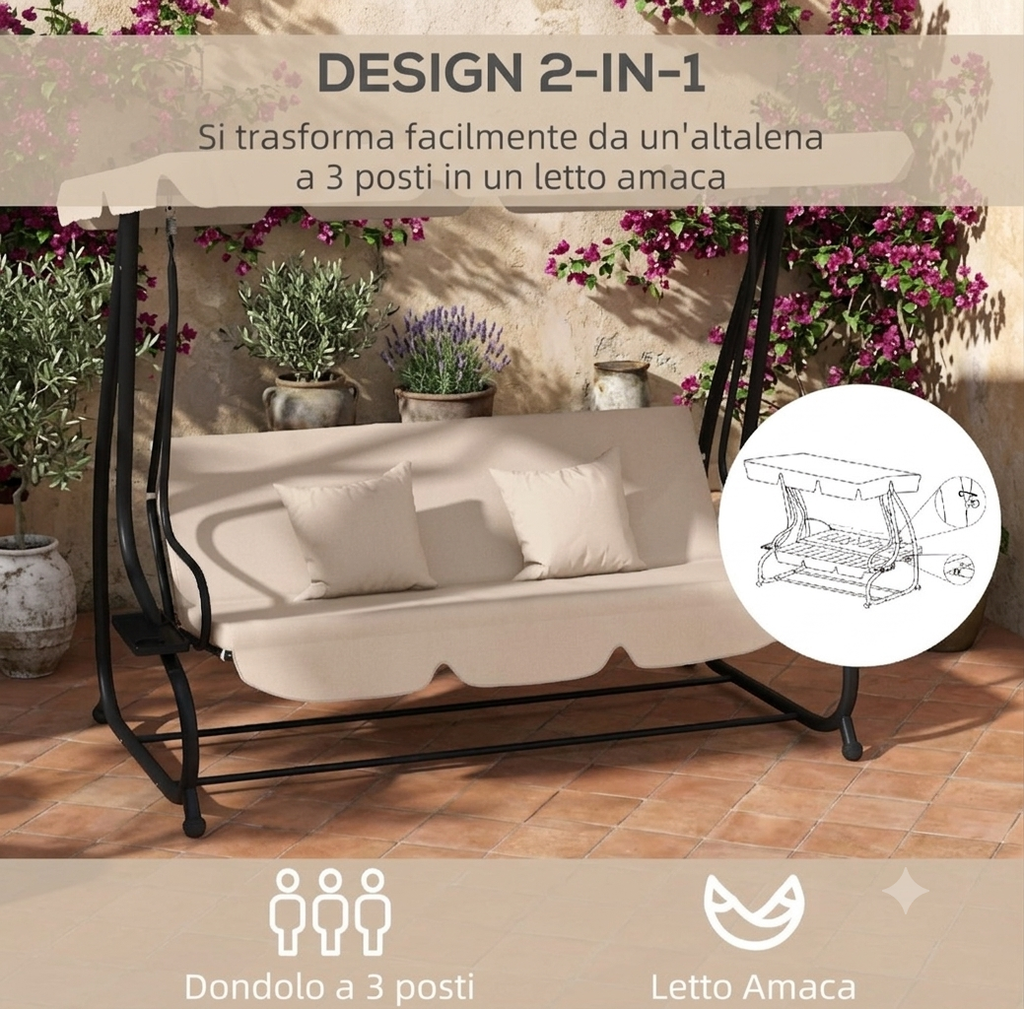 Altalena dondolante da Giardino Autoportante, Tettuccio Regolabile, Seduta Imbottita e Cuscini