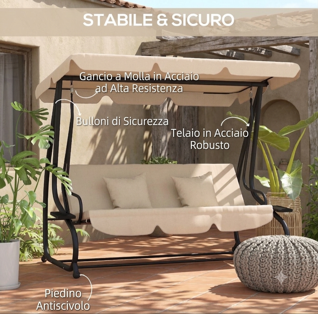 Altalena dondolante da Giardino Autoportante, Tettuccio Regolabile, Seduta Imbottita e Cuscini