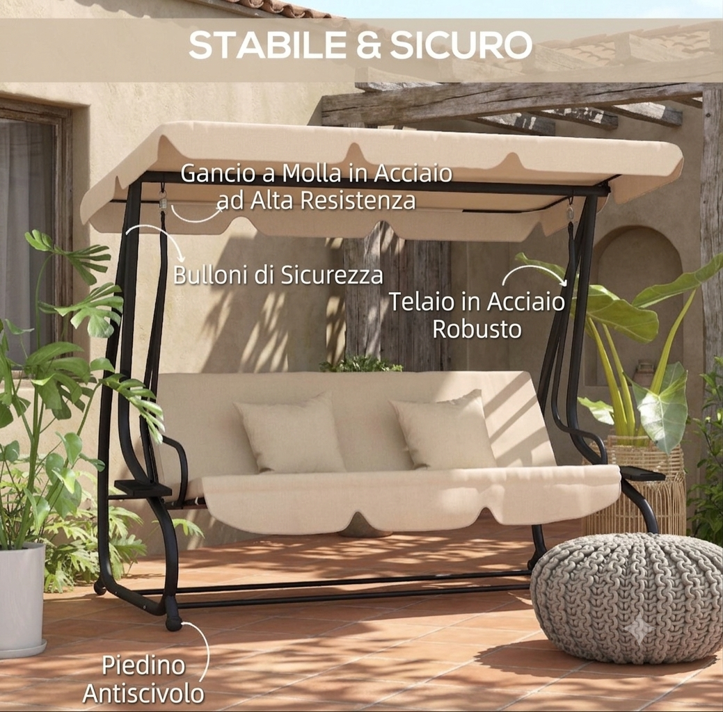 Altalena dondolante da Giardino Autoportante, Tettuccio Regolabile, Seduta Imbottita e Cuscini