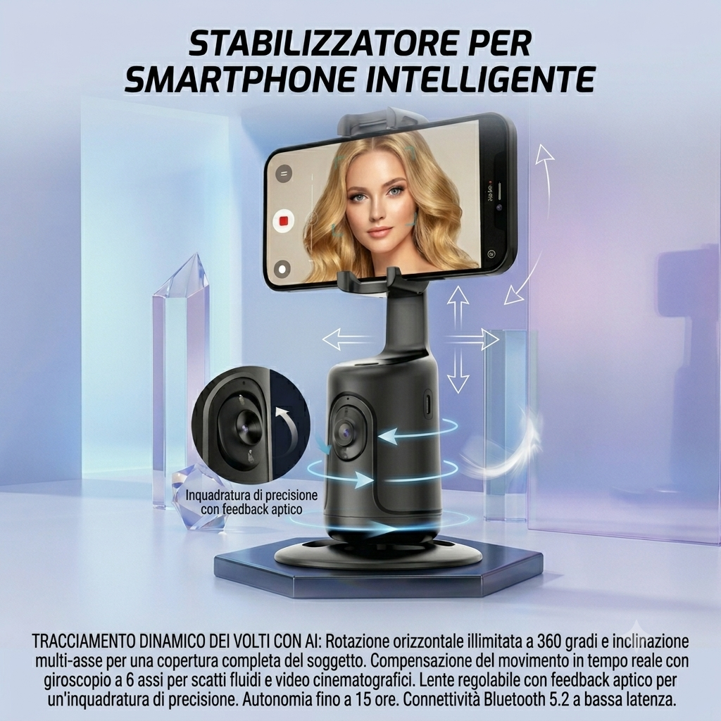 Stabilizzatore Smart 360° per smartphone con AI Face Tracking e Controllo Gestuale