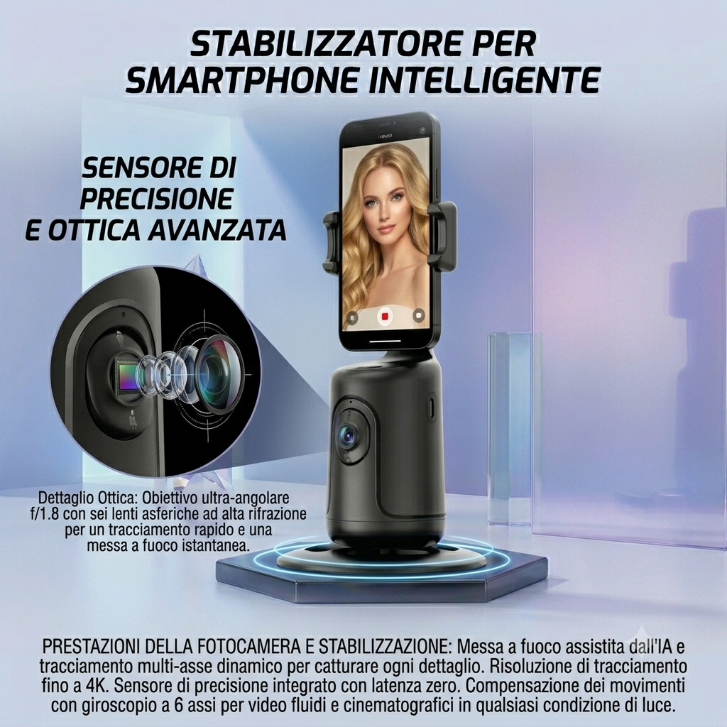 Stabilizzatore Smart 360° per smartphone con AI Face Tracking e Controllo Gestuale