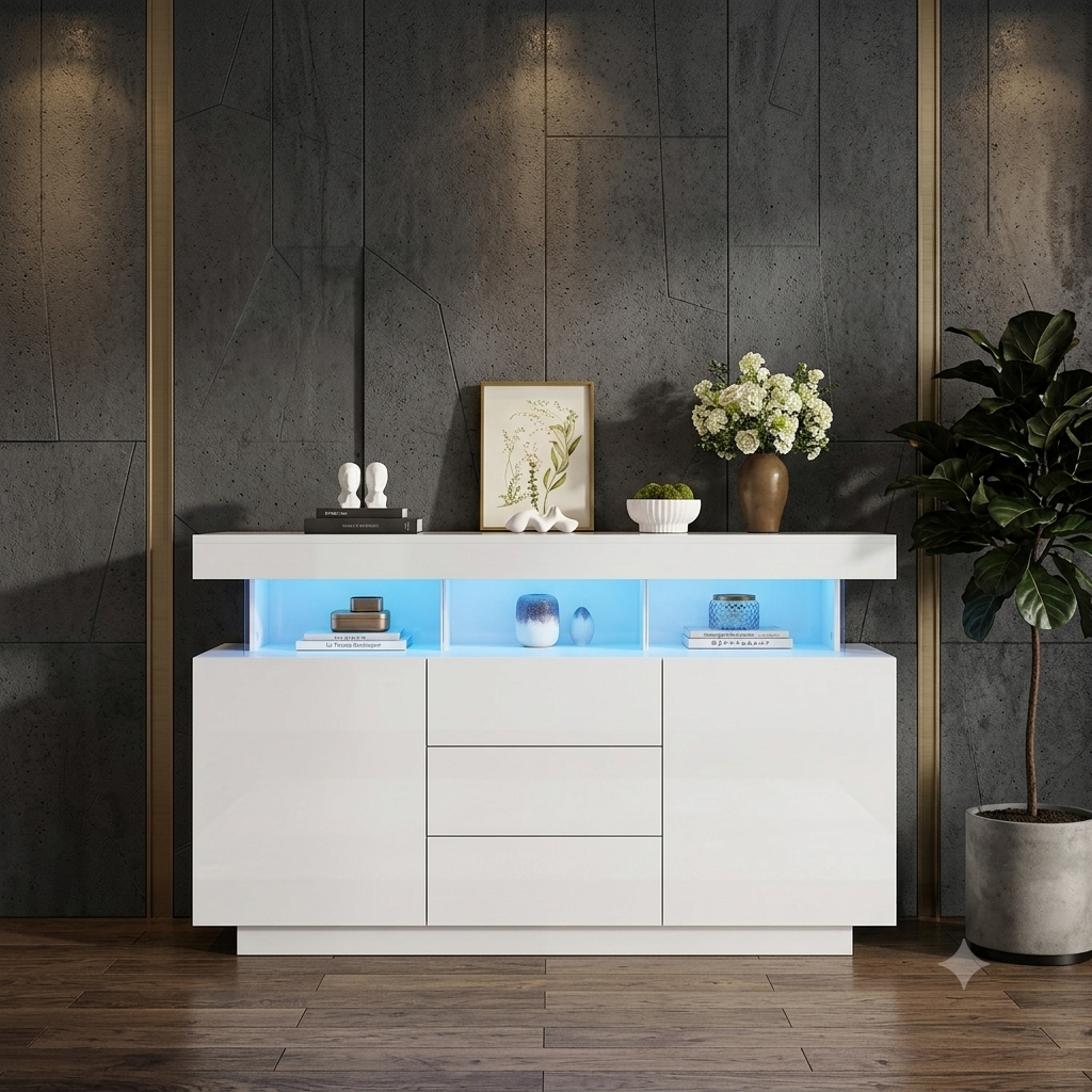 Mobile Soggiorno Moderno 140x35x80cm con LED – Credenza Bianco lucido
