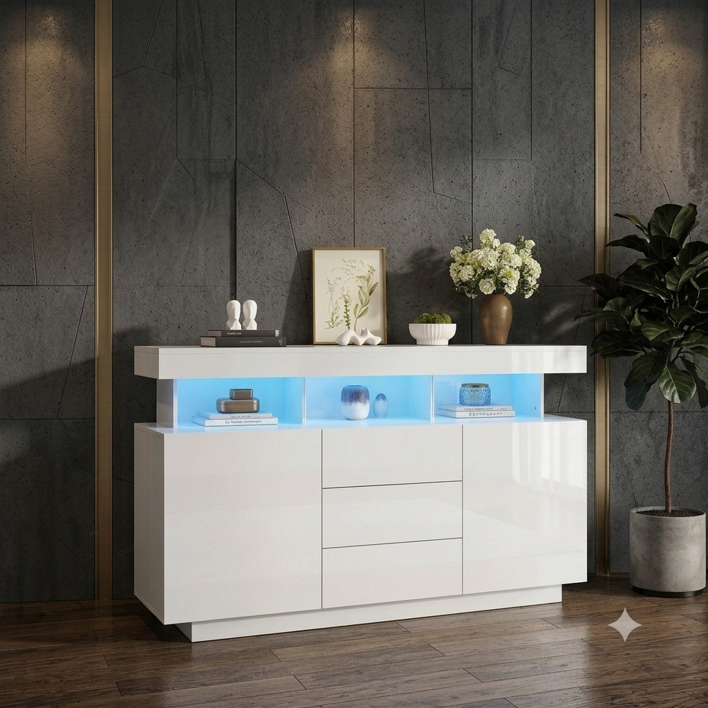 Mobile Soggiorno Moderno 140x35x80cm con LED – Credenza Bianco lucido