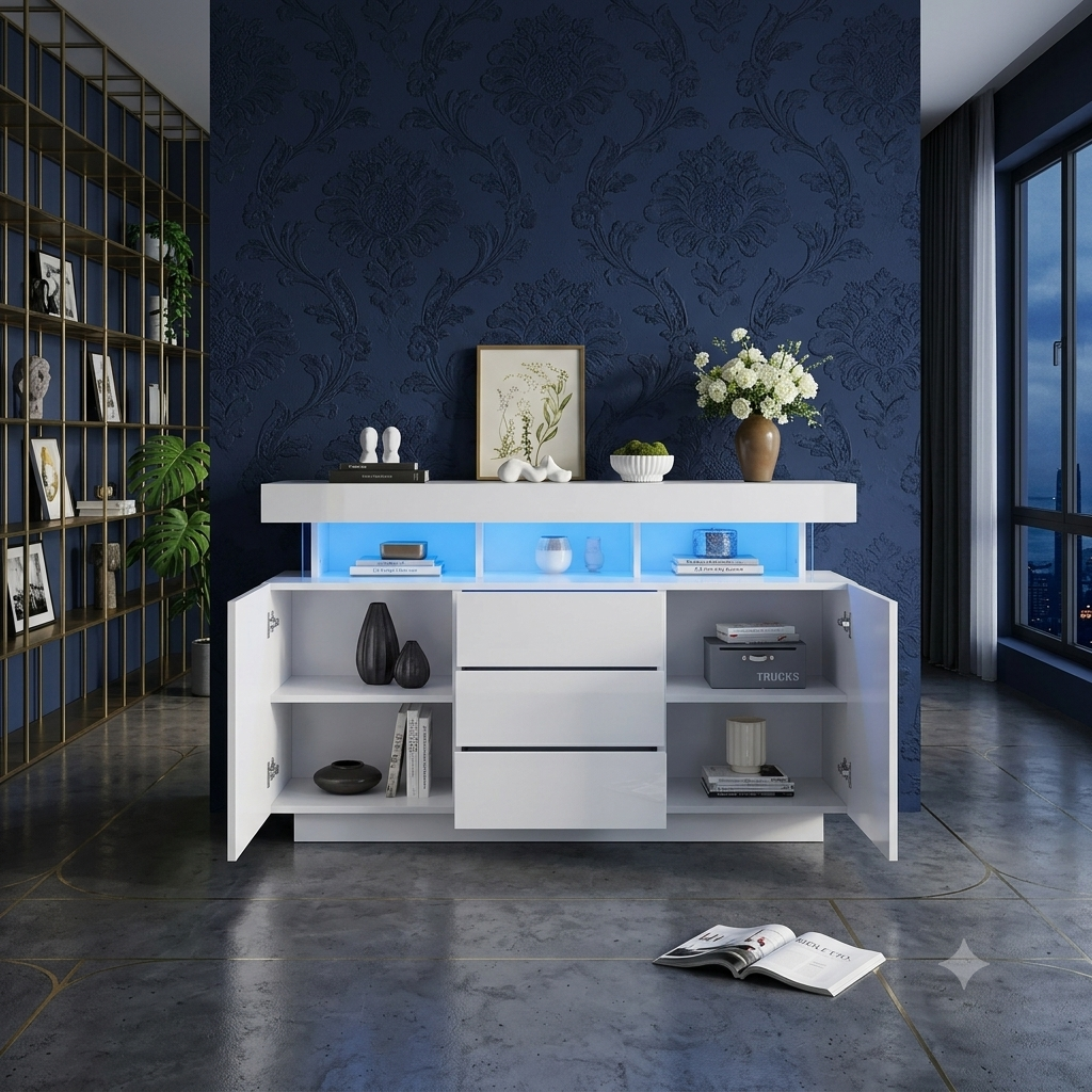 Mobile Soggiorno Moderno 140x35x80cm con LED – Credenza Bianco lucido