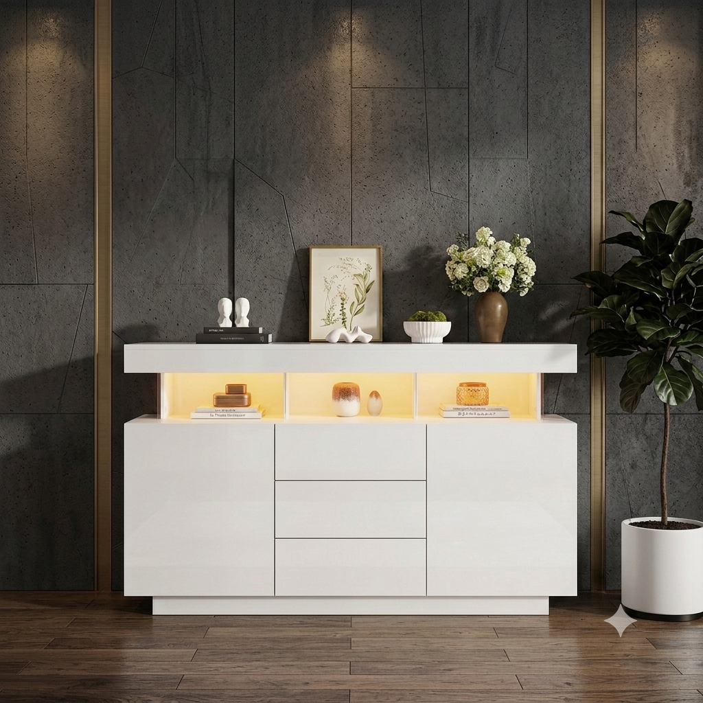 Mobile Soggiorno Moderno 140x35x80cm con LED – Credenza Bianco lucido