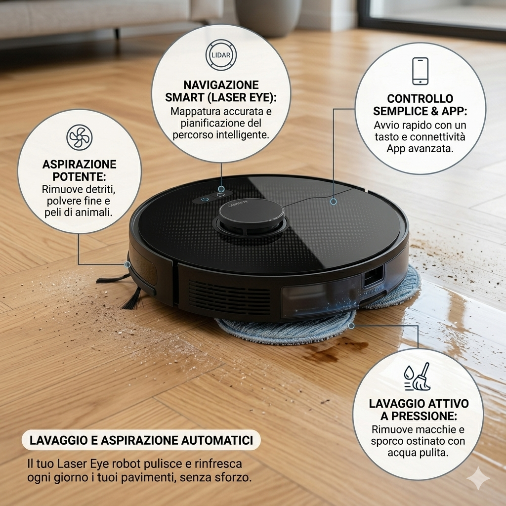 Robot Aspirapolvere e Lavapavimenti con Base Autosvuotante e Navigazione IA