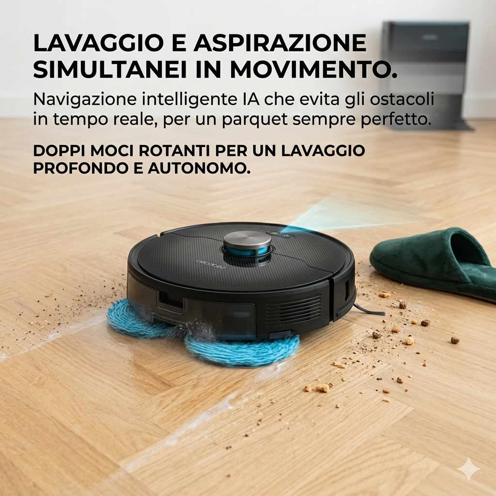 Robot Aspirapolvere e Lavapavimenti con Base Autosvuotante e Navigazione IA