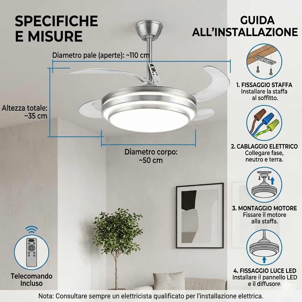 Ventilatore a Soffitto con Luce LED e Telecomando – Risparmio Energetico