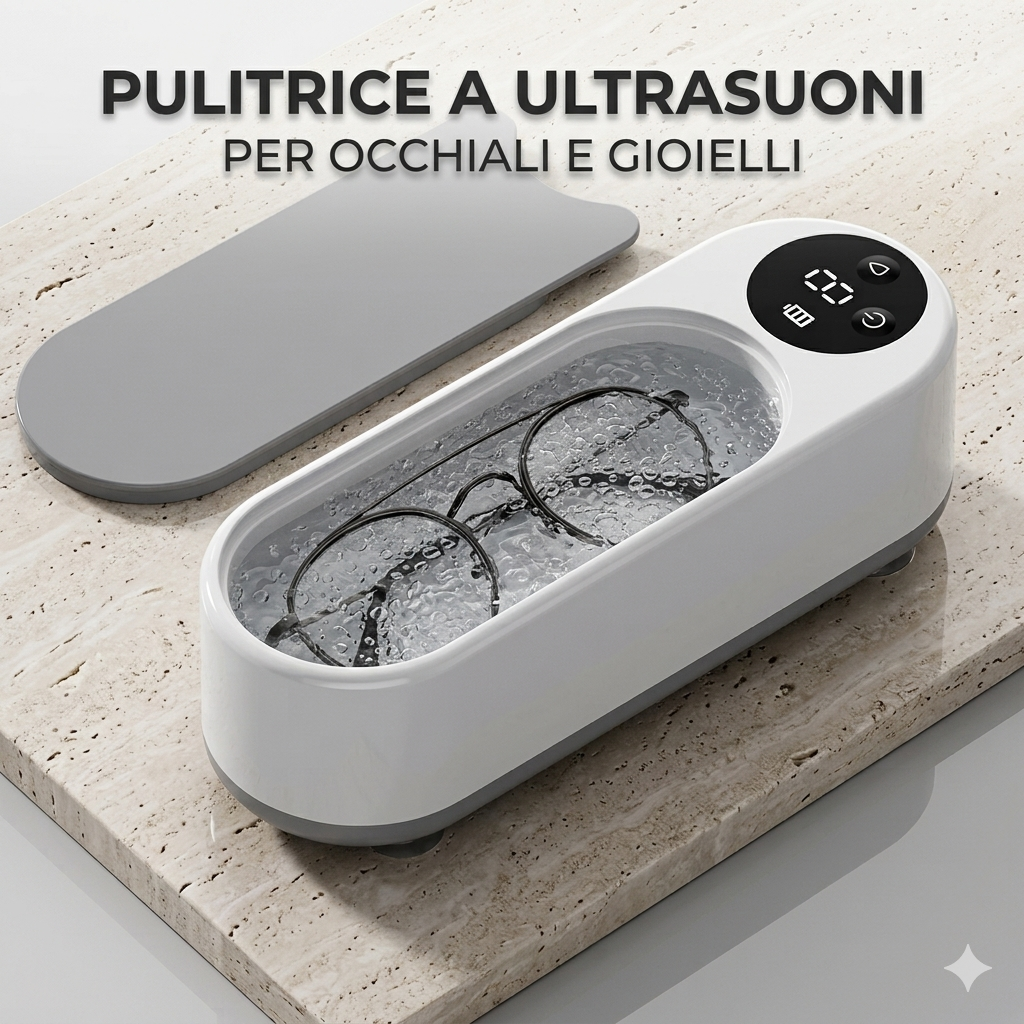 Pulitore a Ultrasuoni Portatile per Uso Domestico per la Pulizia di Gioielli, Anelli, Occhiali