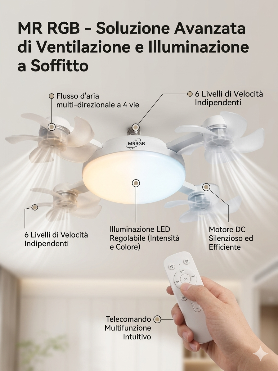 Ventilatore a Soffitto con Luce LED e 4 Pale Direzionali - Installazione Rapida come una Lampadina (Attacco E27)