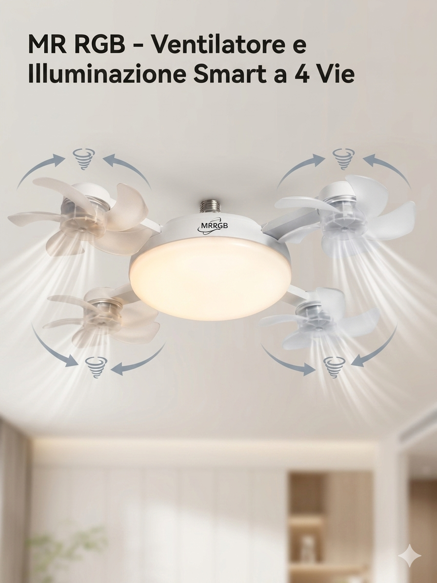 Ventilatore a Soffitto con Luce LED e 4 Pale Direzionali - Installazione Rapida come una Lampadina (Attacco E27)
