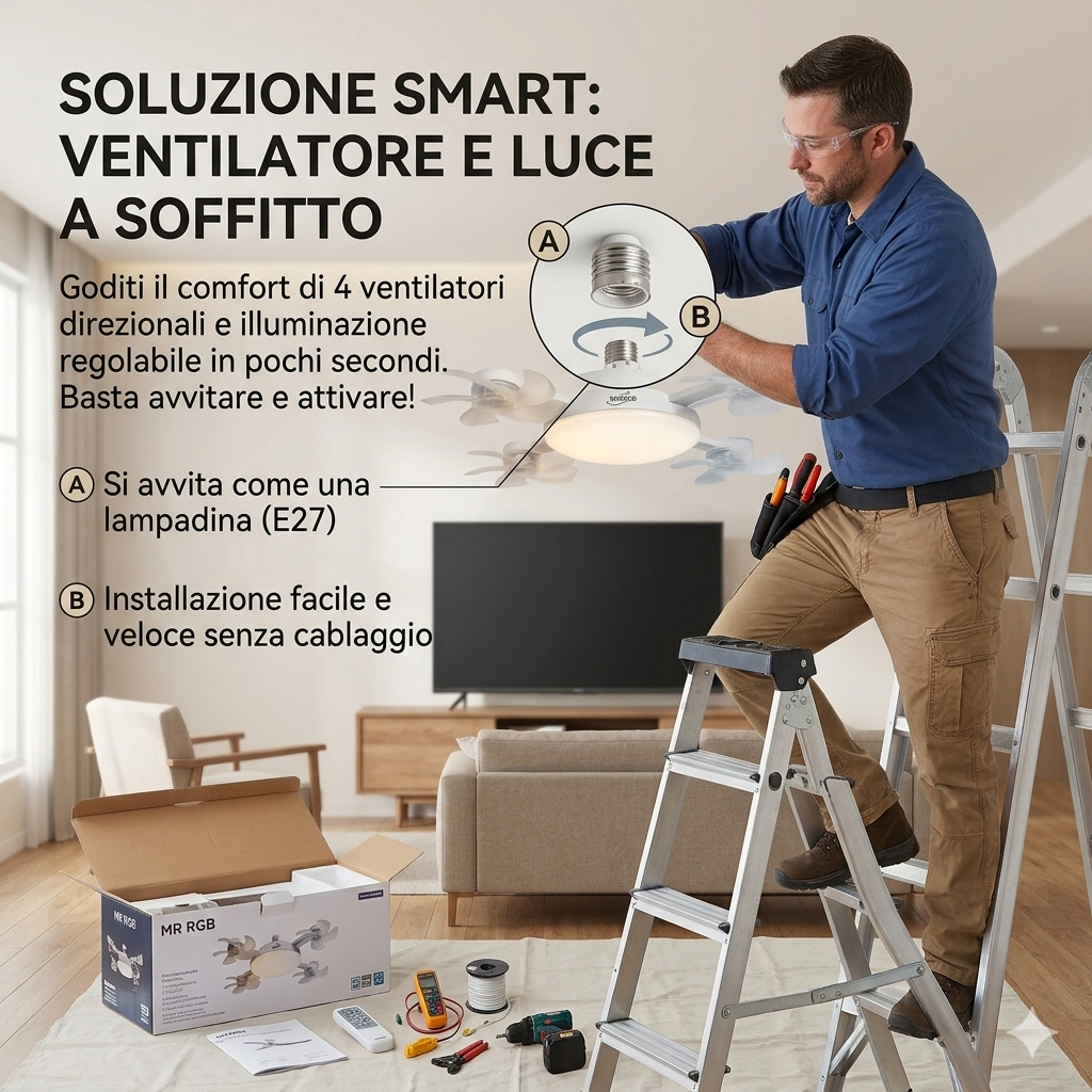 Ventilatore a Soffitto con Luce LED e 4 Pale Direzionali - Installazione Rapida come una Lampadina (Attacco E27)