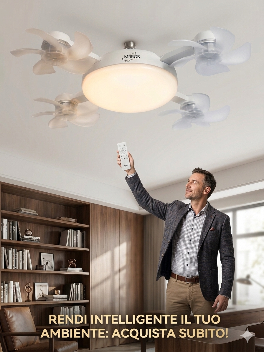 Ventilatore a Soffitto con Luce LED e 4 Pale Direzionali - Installazione Rapida come una Lampadina (Attacco E27)