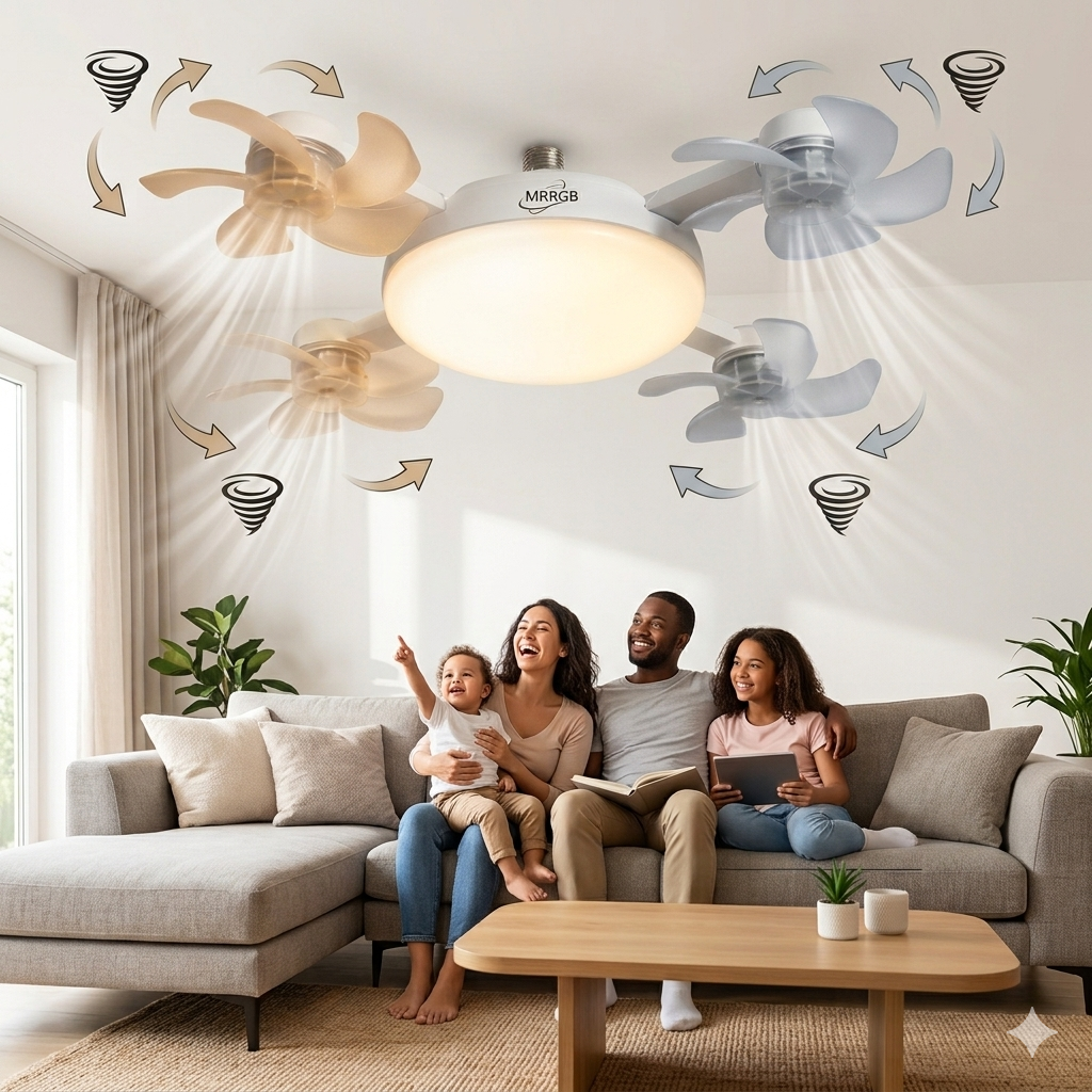 Ventilatore a Soffitto con Luce LED e 4 Pale Direzionali - Installazione Rapida come una Lampadina (Attacco E27)