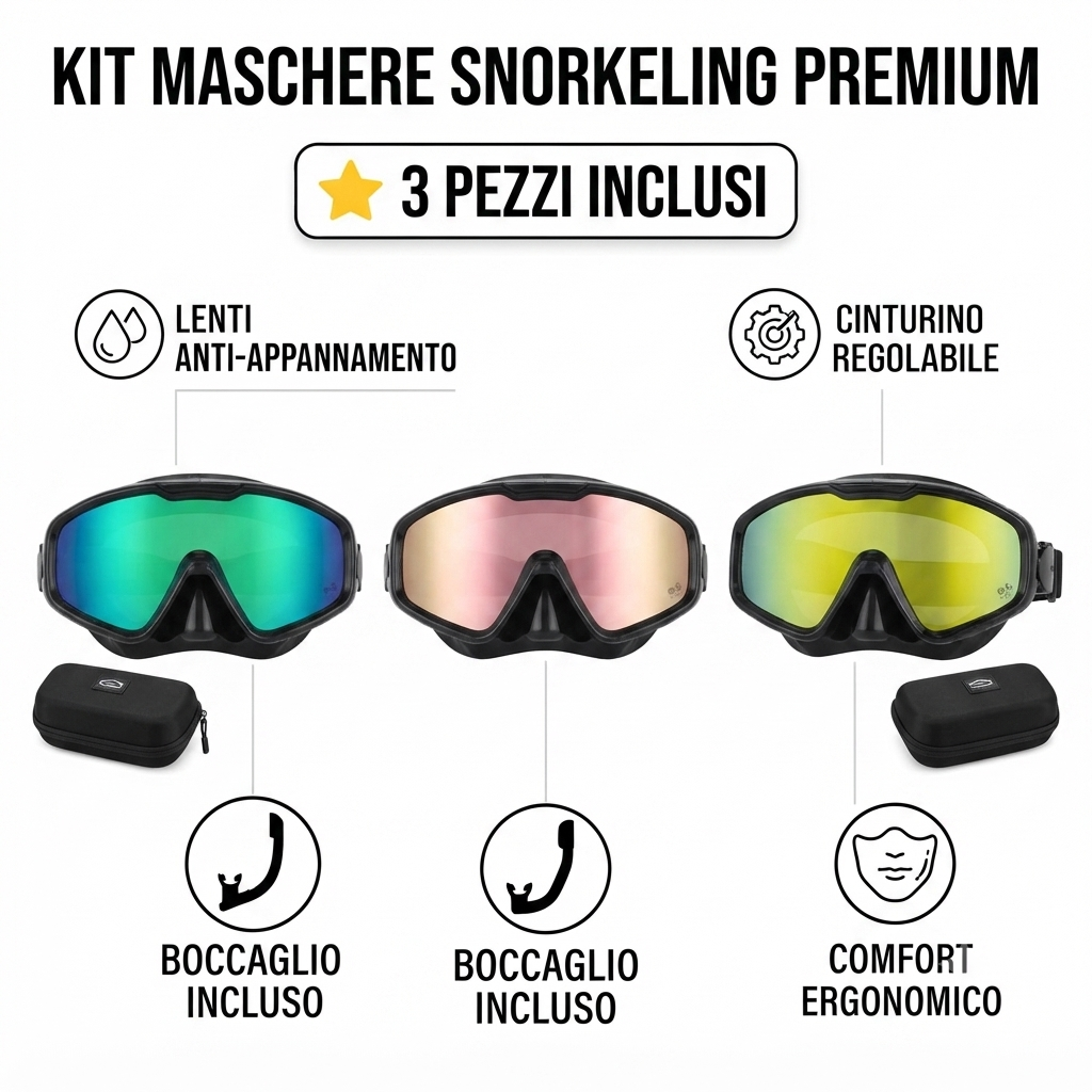 Maschera da Snorkeling con Lenti a Specchio Anti-Appannamento - Set da 3 Pezzi con Boccaglio e Tappi Naso Inclusi