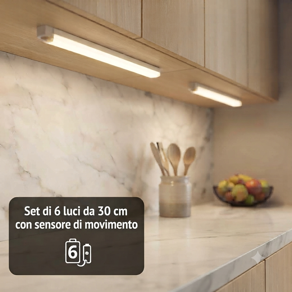 Barra LED Sensore di Movimento 6 Pezzi - Luce Notturna Ricaricabile USB per Armadio, Cucina, Scale, Sottopensile - Luce Bianca Calda e Fredda