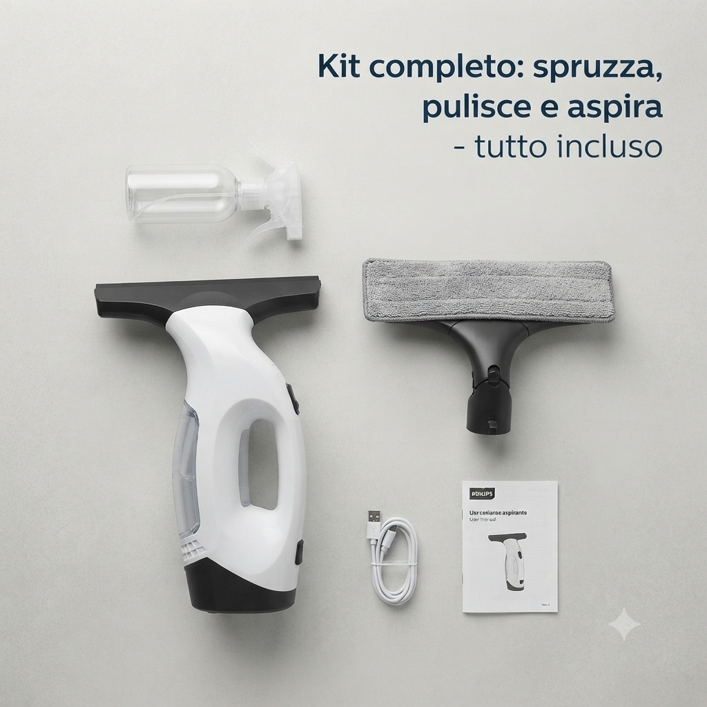 Aspirapolvere Lavavetri Elettrico Ricaricabile - Pulisci Vetri Senza Aloni, Kit Completo con Spruzzino e Panno in Microfibra, Ideale per Finestre, Specchi e Vetrate