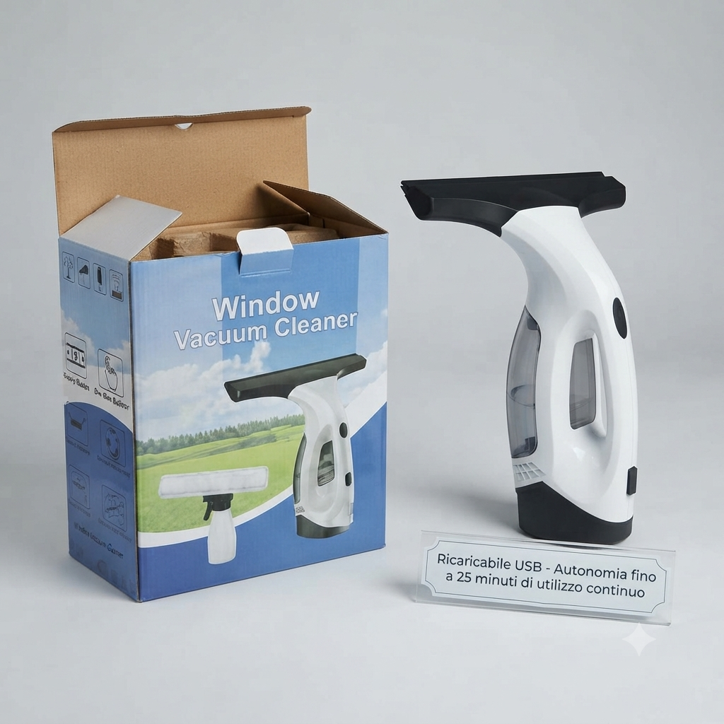 Aspirapolvere Lavavetri Elettrico Ricaricabile - Pulisci Vetri Senza Aloni, Kit Completo con Spruzzino e Panno in Microfibra, Ideale per Finestre, Specchi e Vetrate