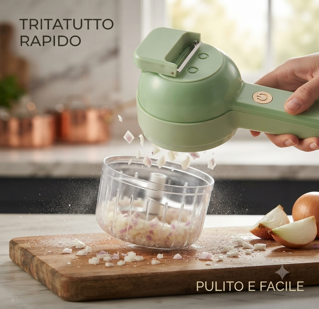 Tritaverdure Elettrico Portatile Ricaricabile USB - Tritatutto Multifunzione per Cipolla, Carote, Verdure - Tagliuzza, Trita e Grattugia in Pochi Secondi