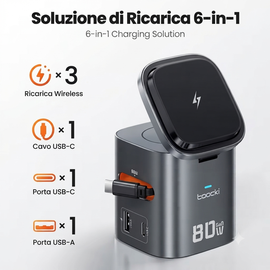 Stazione di Ricarica Wireless 6-in-1 80W - Carica Fino a 6 Dispositivi Contemporaneamente | Caricabatterie GaN Veloce da Viaggio e Ufficio”