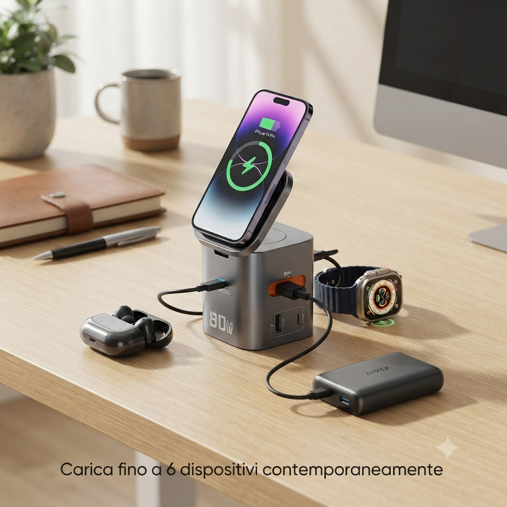 Stazione di Ricarica Wireless 6-in-1 80W - Carica Fino a 6 Dispositivi Contemporaneamente | Caricabatterie GaN Veloce da Viaggio e Ufficio”