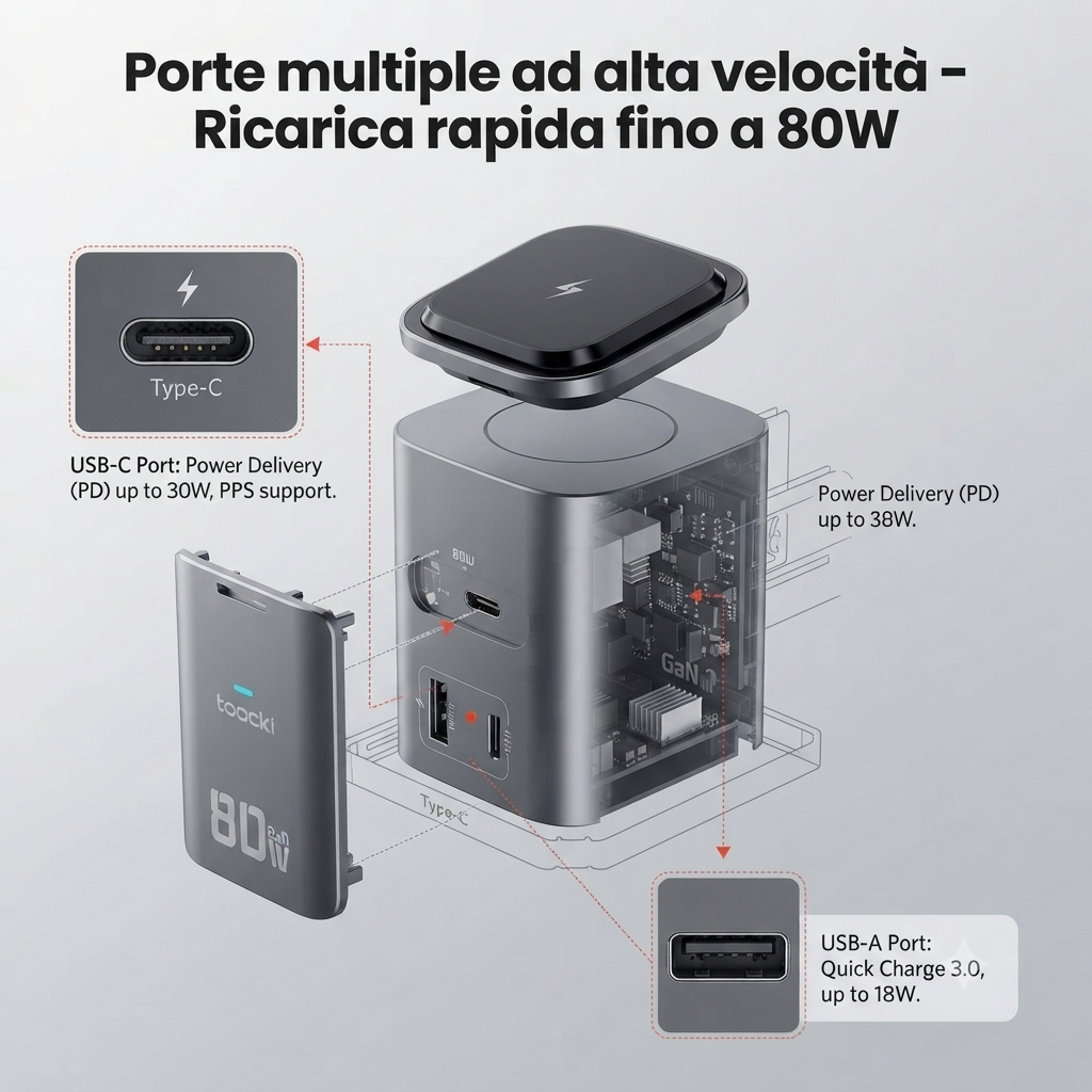 Stazione di Ricarica Wireless 6-in-1 80W - Carica Fino a 6 Dispositivi Contemporaneamente | Caricabatterie GaN Veloce da Viaggio e Ufficio”