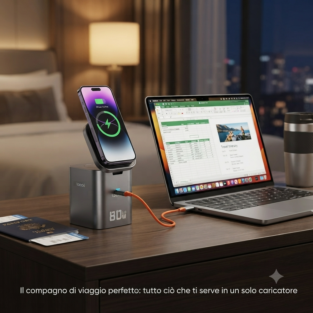 Stazione di Ricarica Wireless 6-in-1 80W - Carica Fino a 6 Dispositivi Contemporaneamente | Caricabatterie GaN Veloce da Viaggio e Ufficio”