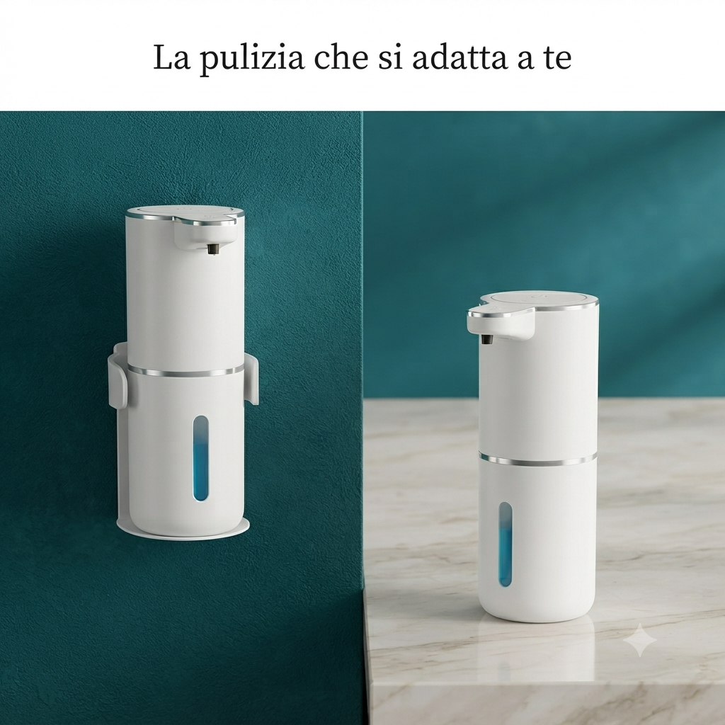 Dispenser di Sapone Automatico Senza Contatto - Sensore Infrarossi Ricaricabile USB, da Muro o Banco per Bagno e Cucina