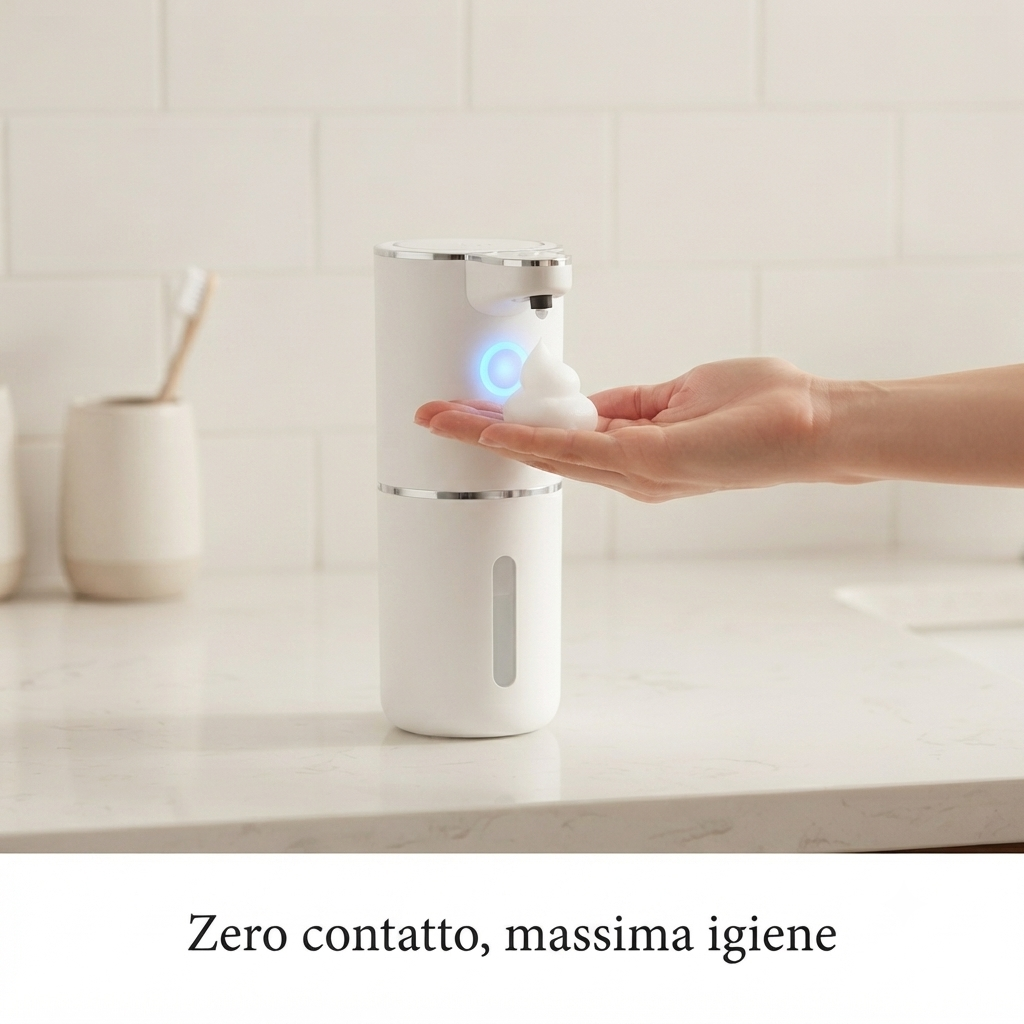 Dispenser di Sapone Automatico Senza Contatto - Sensore Infrarossi Ricaricabile USB, da Muro o Banco per Bagno e Cucina