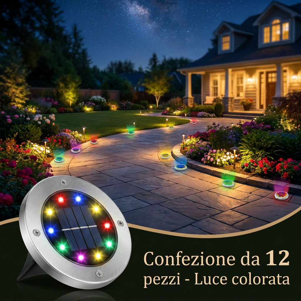 Luci Solari da Incasso per Giardino (12 Pz) | Faretti LED Impermeabili da Esterno Bianco e Colorato
