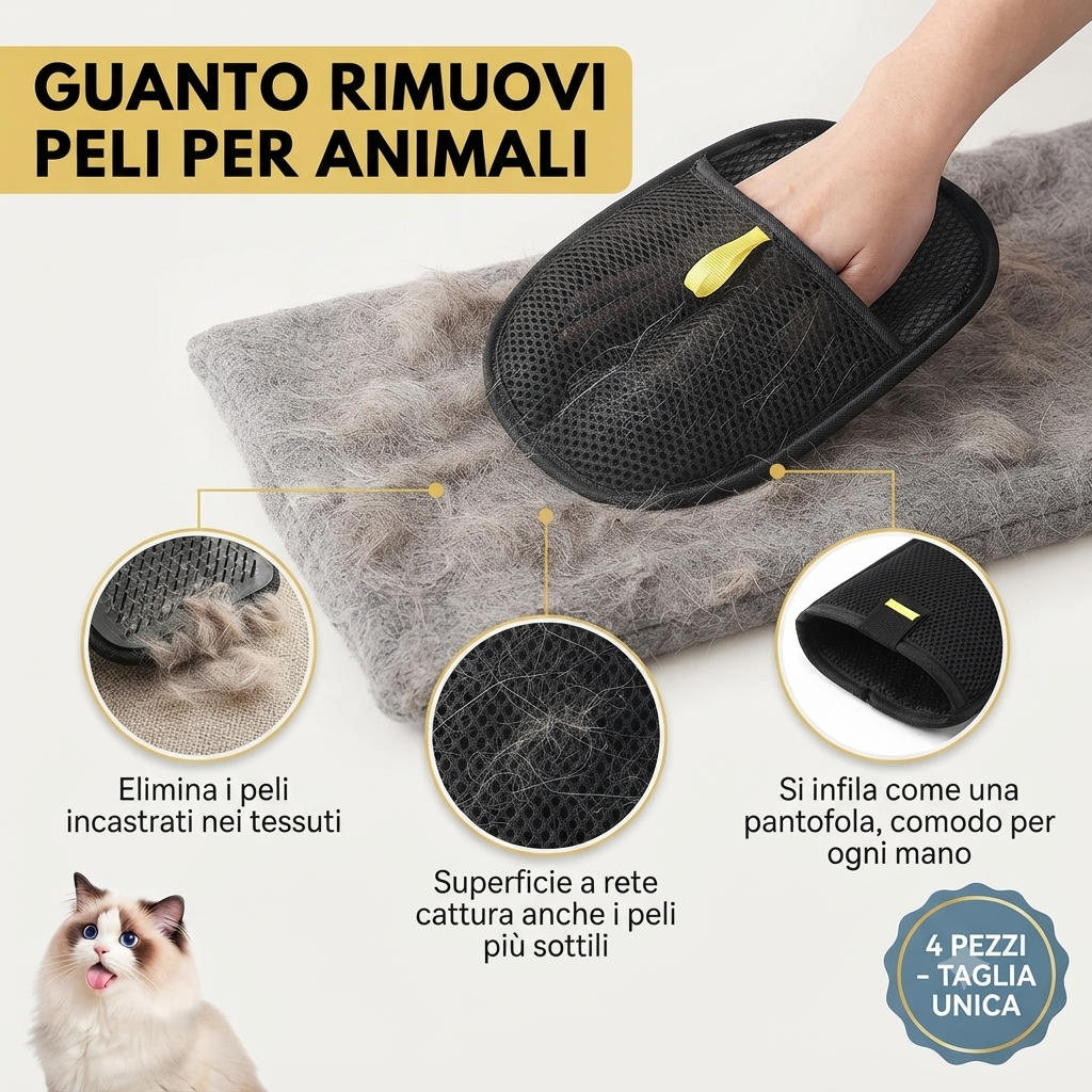 Guanto Rimuovi Peli per Animali Domestici, Spazzola in Rete per Cani e Gatti, Set da 4 Pezzi Taglia Unica, Ideale per Divano, Tappeti e Auto