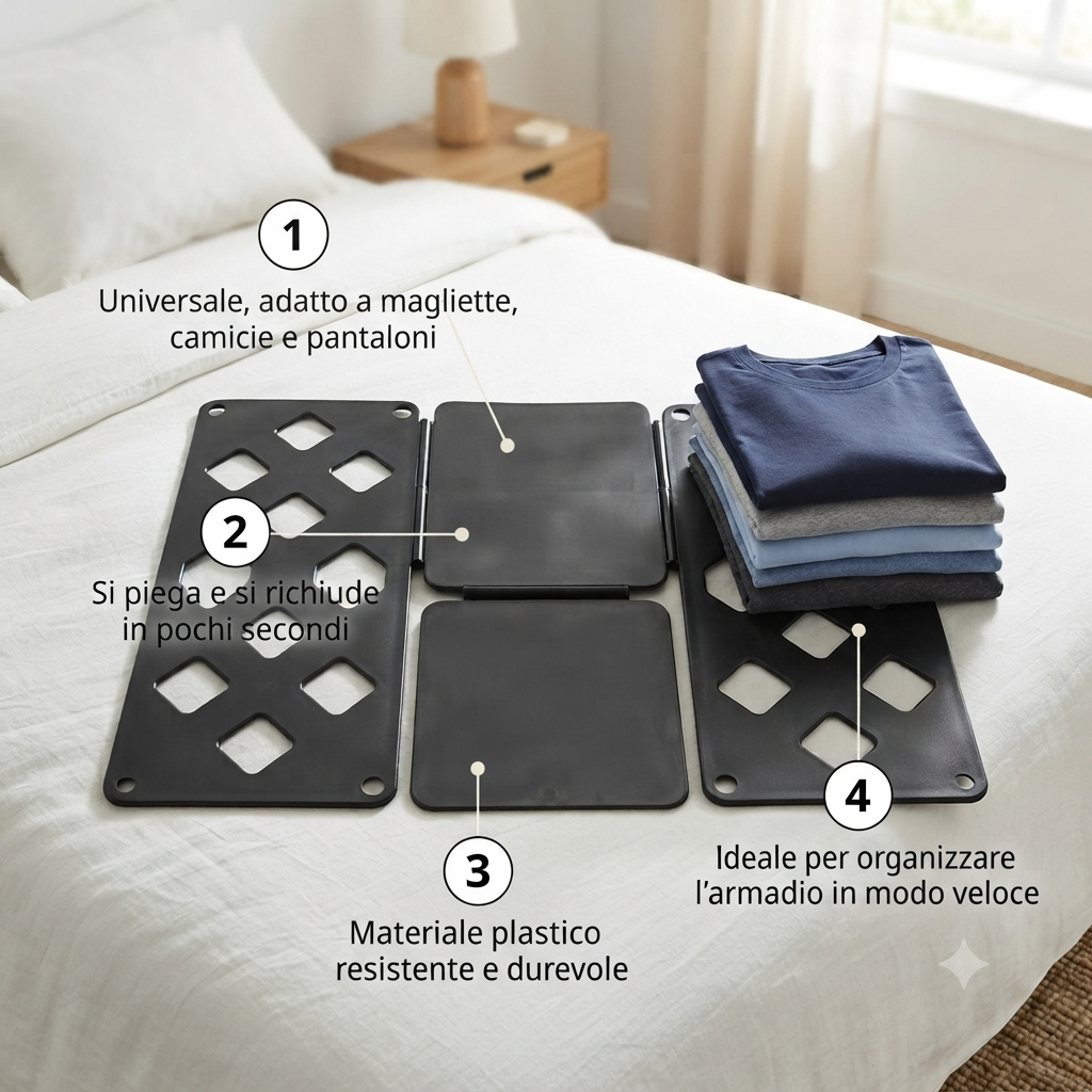 Piega Vestiti Universale per Magliette Camicie e Pantaloni, Piegatore Salvaspazio, Organizza Armadio Facile e Veloce