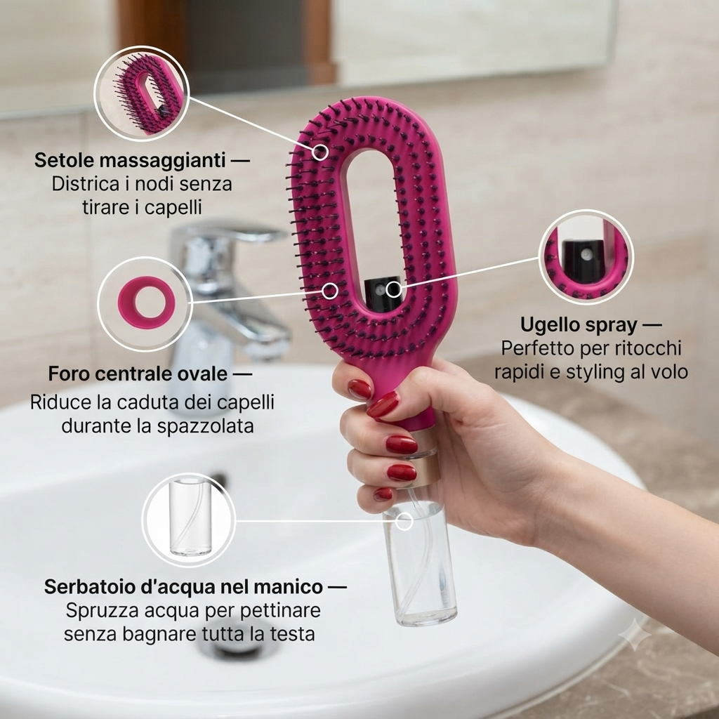 Spazzola Districante 2-in-1 con Spray Integrato – Pettine Massaggiante Ricaricabile Anti-Nodi per Styling Rapido