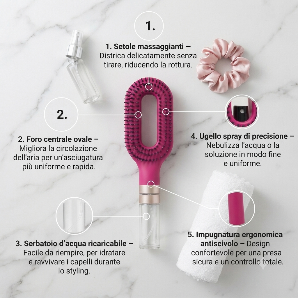 Spazzola Districante 2-in-1 con Spray Integrato – Pettine Massaggiante Ricaricabile Anti-Nodi per Styling Rapido