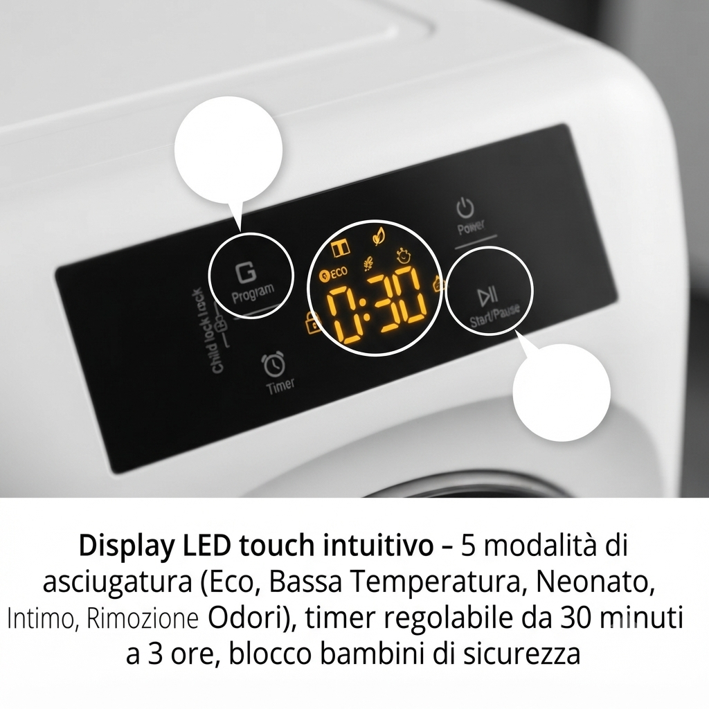 Asciugatrice Compatta 4 Kg con Display LED - 5 Modalità di Asciugatura e Sensore Intelligente