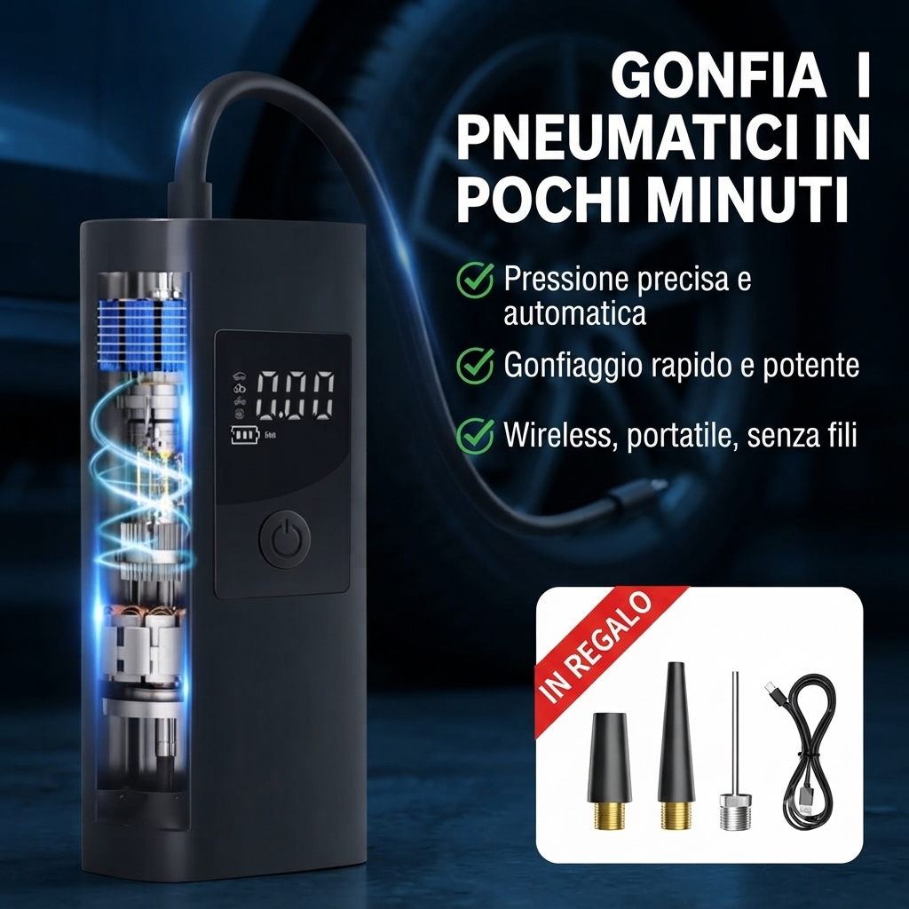 Compressore Portatile per Auto con Display Digitale – Gonfiatore Rapido Wireless con Kit Accessori Incluso