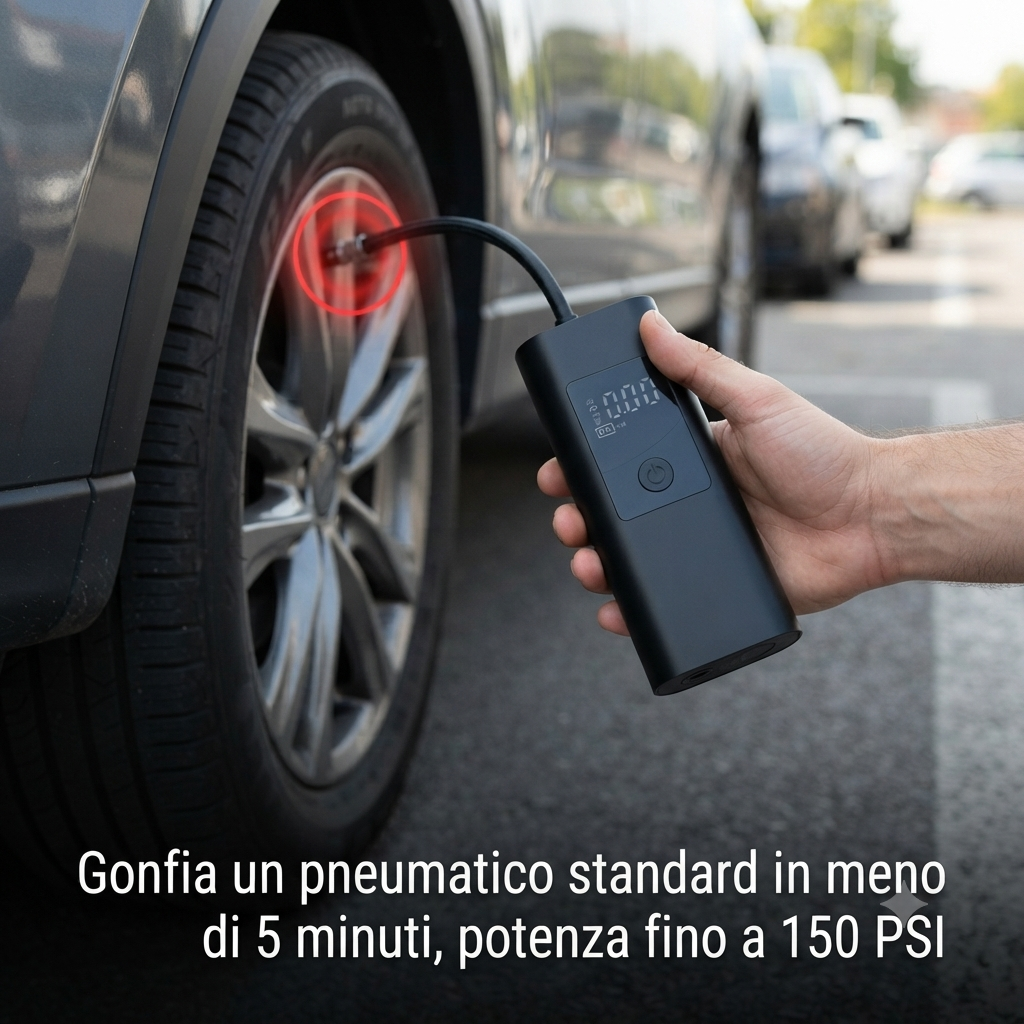 Compressore Portatile per Auto con Display Digitale – Gonfiatore Rapido Wireless con Kit Accessori Incluso