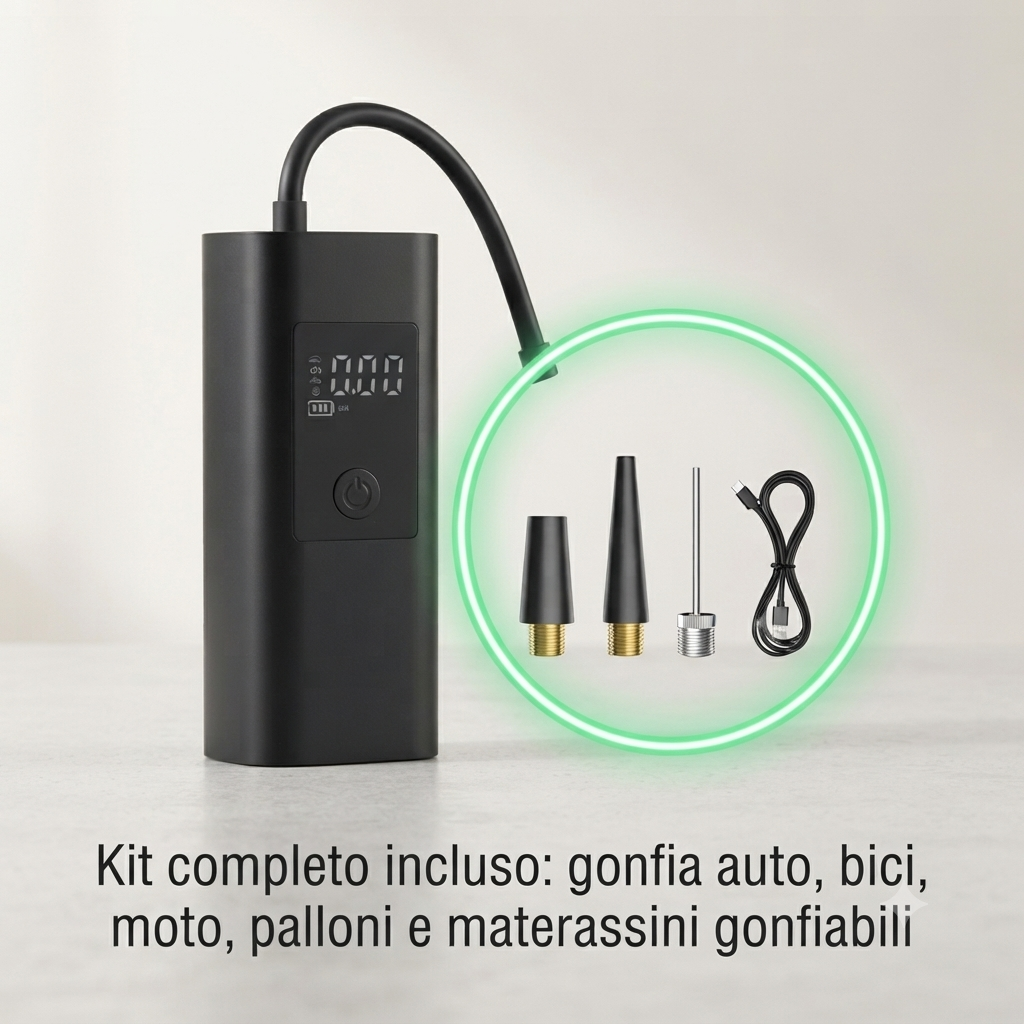 Compressore Portatile per Auto con Display Digitale – Gonfiatore Rapido Wireless con Kit Accessori Incluso