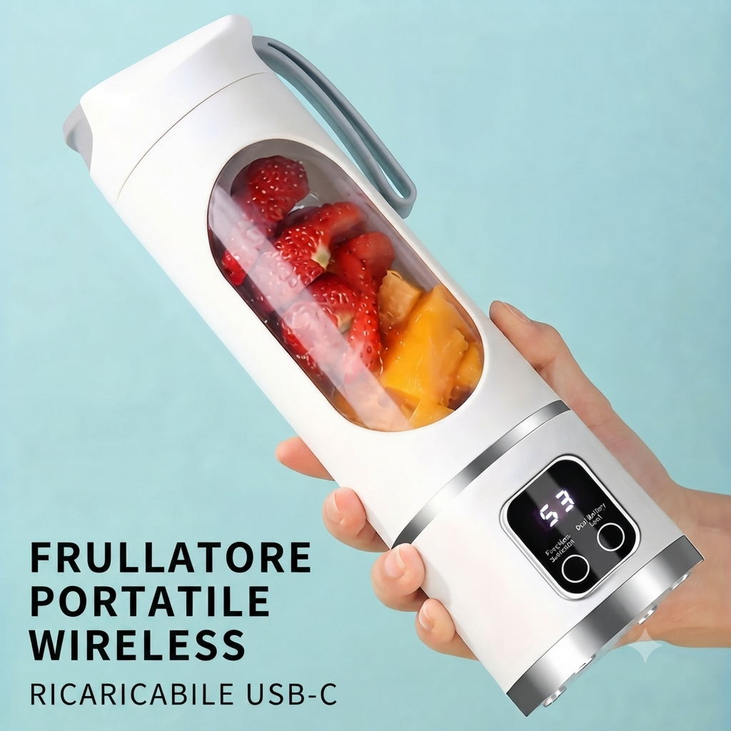 Frullatore Portatile Wireless USB Ricaricabile 300ml - Mini Frappè Frutta da Viaggio, Palestra, Ufficio