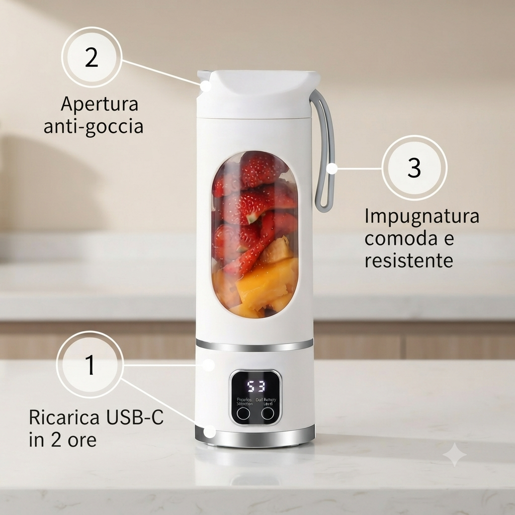Frullatore Portatile Wireless USB Ricaricabile 300ml - Mini Frappè Frutta da Viaggio, Palestra, Ufficio