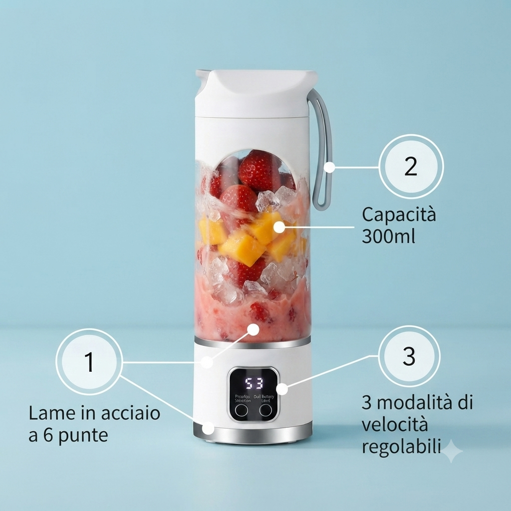 Frullatore Portatile Wireless USB Ricaricabile 300ml - Mini Frappè Frutta da Viaggio, Palestra, Ufficio