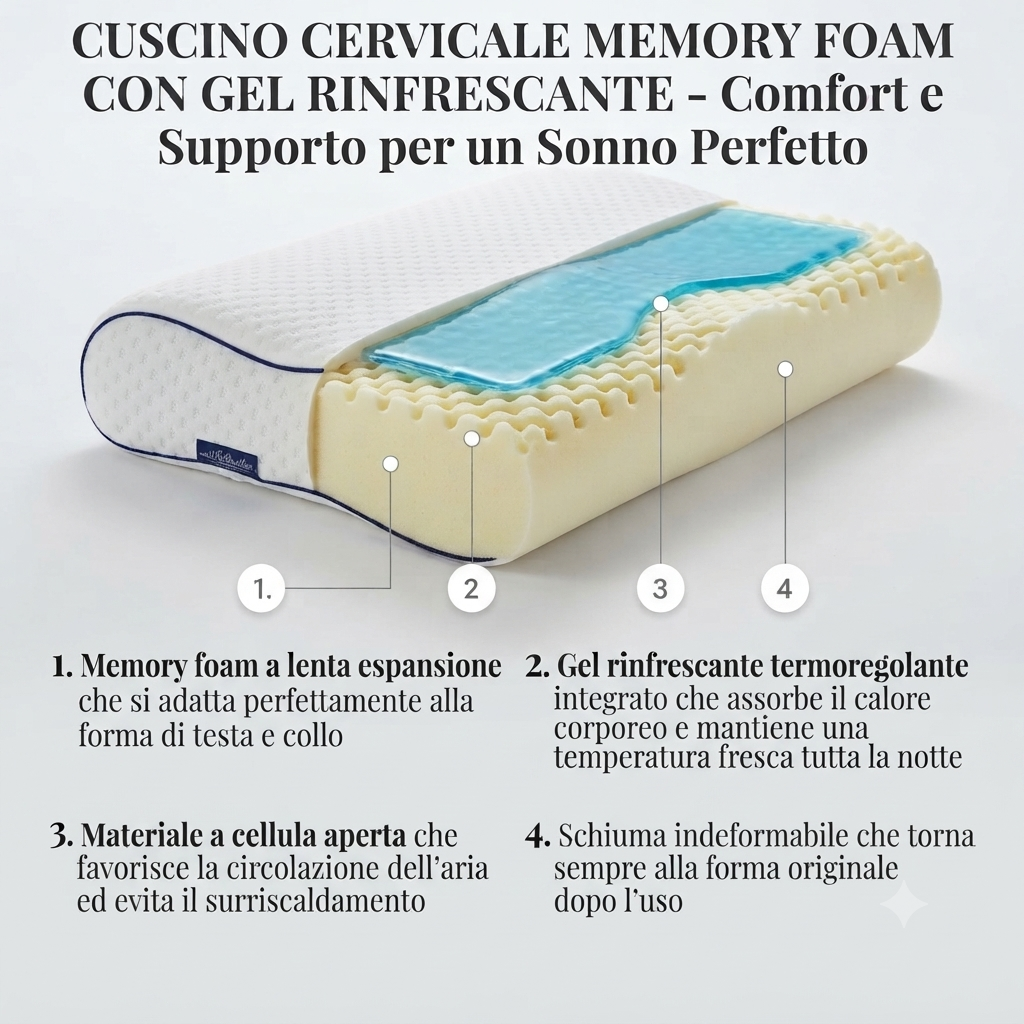 Cuscino Memory Foam Ergonomico con Gel Rinfrescante - Supporto Cervicale Anti Torcicollo