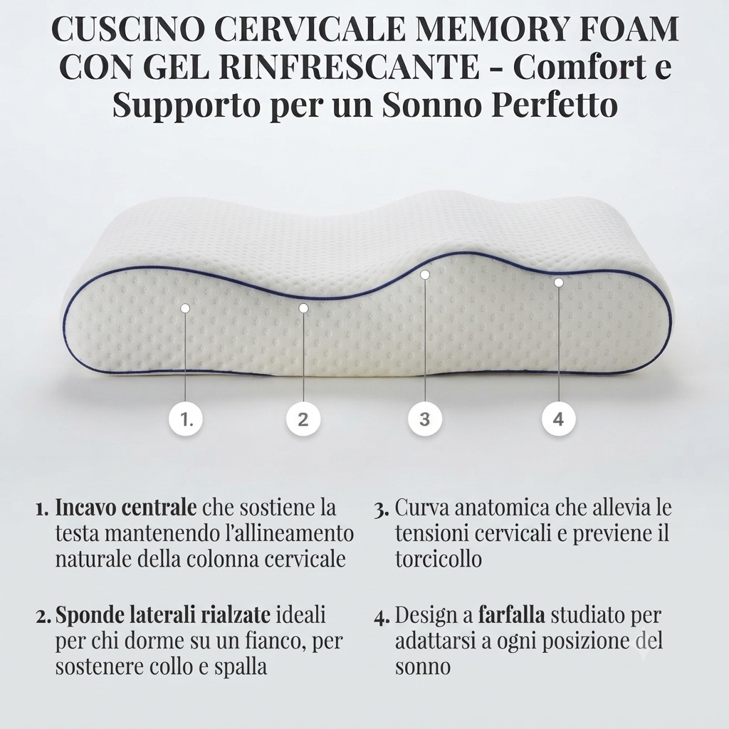 Cuscino Memory Foam Ergonomico con Gel Rinfrescante - Supporto Cervicale Anti Torcicollo